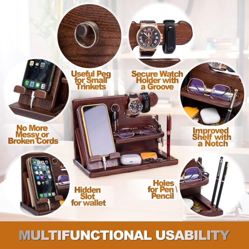 TESLYAR Wood Phone Docking Station for Men - Desk or Nightstand Organizer - Birthday Gifts for Husband, Dad - Anniversary Idea from Wife - Key Holder, Stand Wallet, Watch & Essentials (Bourbon Brown) - Image 3