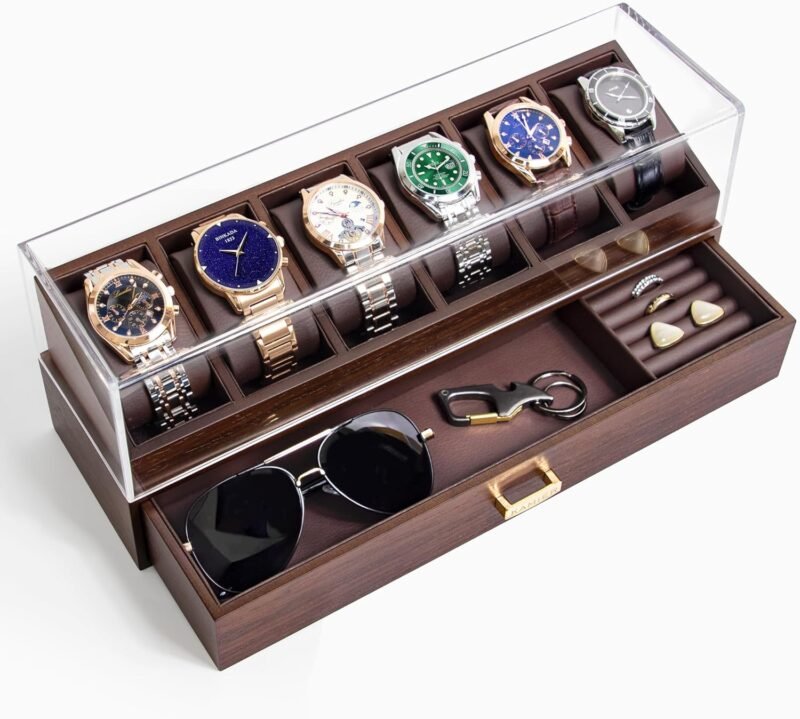 KAMIER High End Wooden Watch Box with 6 Slots & Glass Lid - 2-Layer Jewelry Organizer for Men - Watch Display Case, Ideal Business Gift for Watch Enthusiasts （with Gift Box）, Walnut