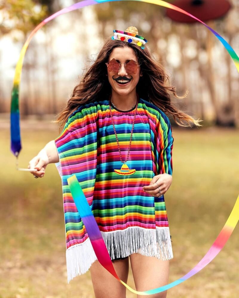 48 Pcs Mexican Costume Poncho Sombrero Serape Cinco De Mayo Fiesta Party Supplies Poncho Mustaches Necklace Set for Adults Party Favors Decorations - Image 4