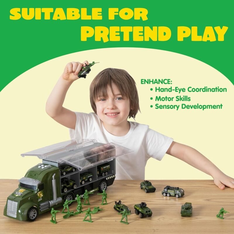 JOYIN 25 in 1 Green Military Big Truck Toys, Army Men Tanks Set with Soldier Men, Mini Battle Car Toy in Carrier Truck with Lights and Sounds, Gifts for Toddler Kids Boys Ages 3+ - Image 4