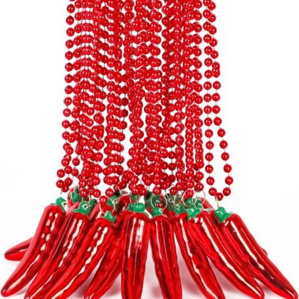 24PCS Cinco de Mayo Necklace Decorations, Fiesta Red Chili Pendant Beads Necklace Bulk, Metallic Mexican Party Decor Beads, Fiesta Cactus Pinata Maracas Accessories for Cinco de Mayo Party Favors