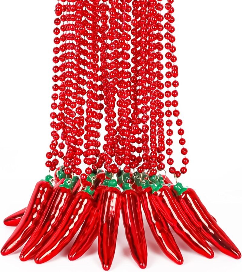 24PCS Cinco de Mayo Necklace Decorations, Fiesta Red Chili Pendant Beads Necklace Bulk, Metallic Mexican Party Decor Beads, Fiesta Cactus Pinata Maracas Accessories for Cinco de Mayo Party Favors