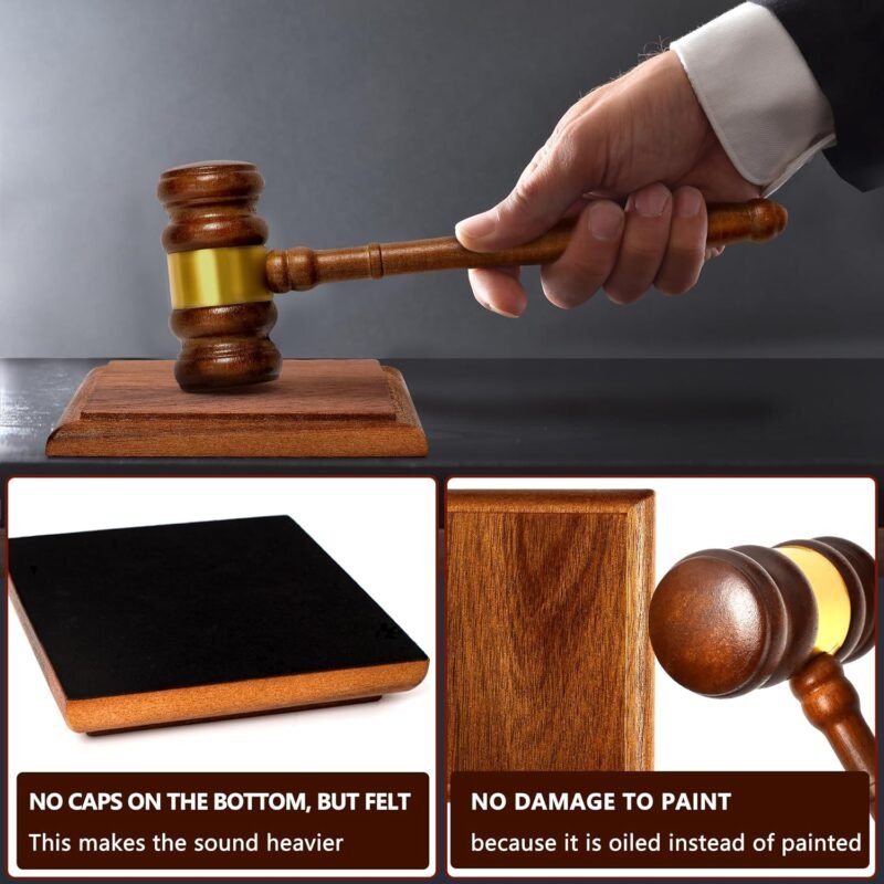Premium Wooden Gavel and Block Set with Gold Band - Perfect for Student, Lawyer, Auction, Court, and Judge Meetings - Large Acacia Wood Gavel with Rectangular/Square Block - Image 5