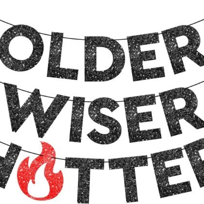 KatchOn Older Wiser Hotter Glitter Black Banner - 10 Feet, Reusable, Adult Birthday Decorations