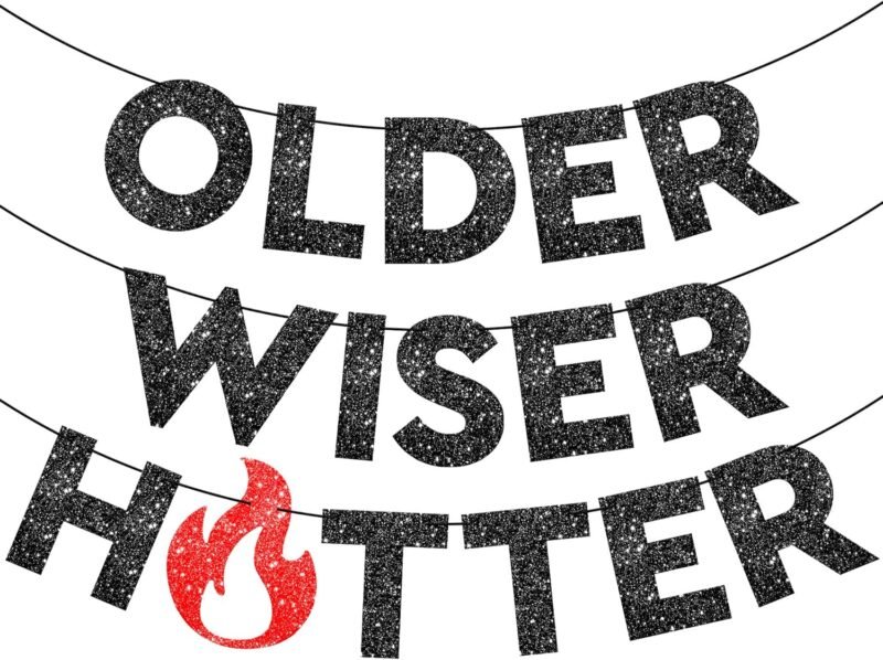 KatchOn Older Wiser Hotter Glitter Black Banner - 10 Feet, Reusable, Adult Birthday Decorations