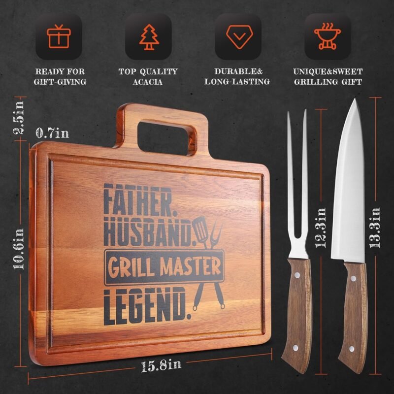 Fathers Day Grilling Gifts for Men，15.8" Acacia Wood Large Grilling Cutting Board with Carving Knife and fork Set，Grill BBQ Gifts for Men，Father's Day Dad Cooking Gift Grill Master Barbecue Presents - Image 2