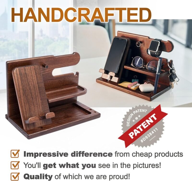 TESLYAR Wood Phone Docking Station for Men - Desk or Nightstand Organizer - Birthday Gifts for Husband, Dad - Anniversary Idea from Wife - Key Holder, Stand Wallet, Watch & Essentials (Bourbon Brown) - Image 2