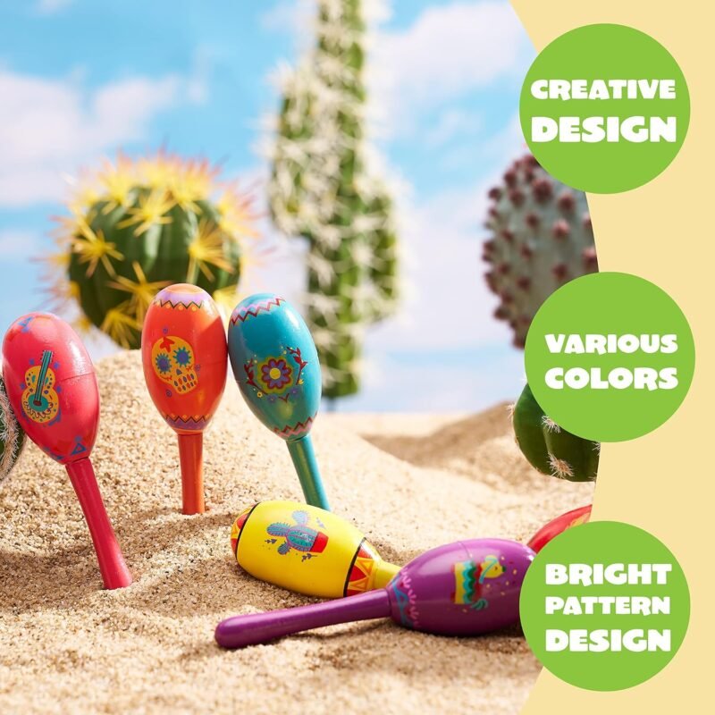 JOYIN 9 Pcs Fiesta Wooden Maracas 9 Designs Noisemaker for Cinco De Mayo Party Favors, Mexican Musical Fun, Carnivals, Taco Tuesday Event, Mexican Decorations, Luau Party - Image 3