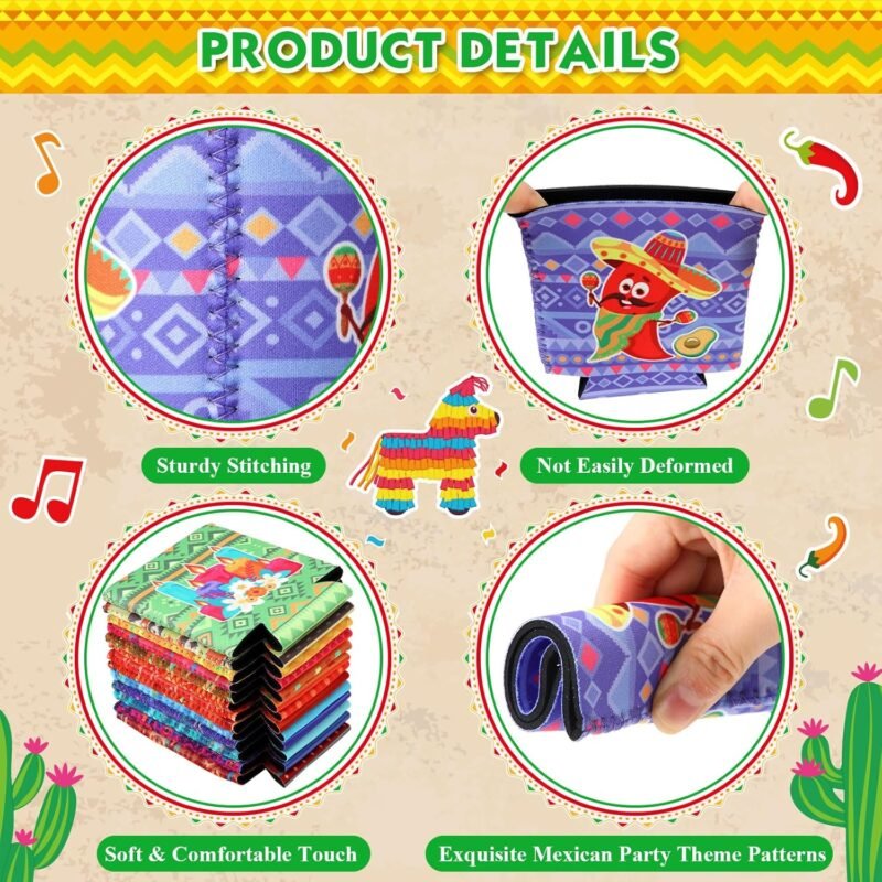 24 Pcs Mexican Can Coolers Sleeves for Adult Party Favors 12 oz Fiesta Soda Beverages Covers Neoprene Insulated Beer Bottle for Cinco De Mayo Party Supplies - Image 3