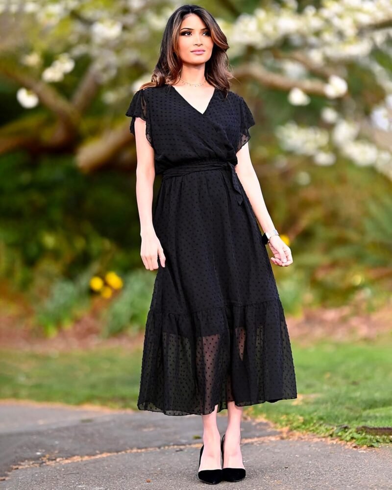 BTFBM Women Summer Bohemian Floral Casual Wrap V Neck Ruffle Cap Sleeveless Belt A-Line Pleated Hem Midi Sun Dress White - Image 5