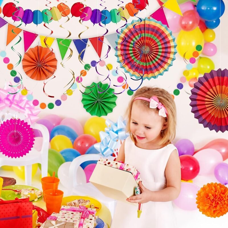 Fiesta Party Decorations Set 33Pcs, Multi-Color Cinco De Mayo Hanging Paper Fans, Paper Pom Poms, Pennant, Garland String and Banner for Fiesta, Cinco de Mayo, Birthday, Wedding or Mexican Party - Image 4