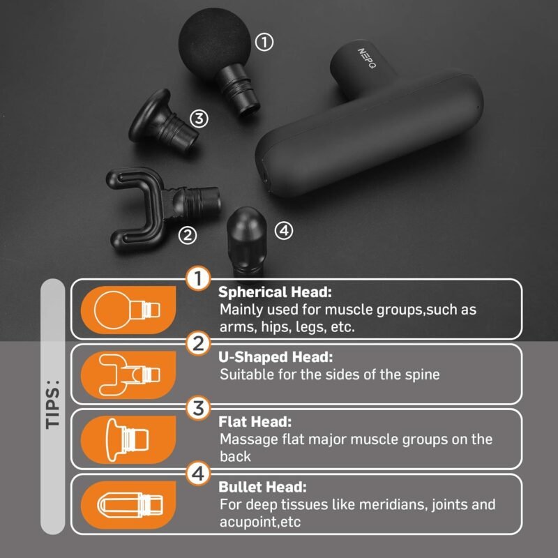 Mini Massage Gun, Powerful Fascial Gun Portable Deep Tissue Percussion Muscle Back Head Massager for Pain Relief with 4 Massage Heads High-Intensity Vibration Rechargeable Small Massage Gun - Image 7