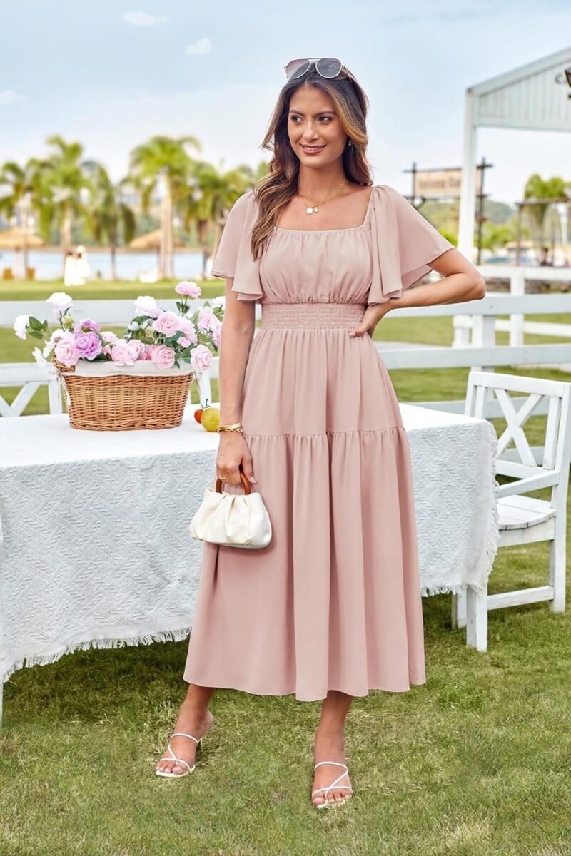 GRACE KARIN Women's Summer Short Sleeve Square Neck Smocked Waist Casual Vacation Tiered Flowy Maxi Dress - Image 3