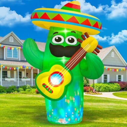 Danxilu 6 FT Cinco De Mayo Inflatables Outdoor Decoration, Blow Up Inflatable Cactus with Taco Sombreros Guitar Built-in LEDs for Indoor Yard Garden Lawn May 5 Fiesta Mexican Decorations Party
