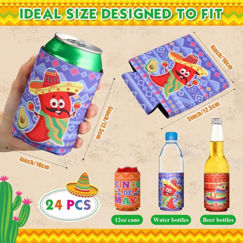 24 Pcs Mexican Can Coolers Sleeves for Adult Party Favors 12 oz Fiesta Soda Beverages Covers Neoprene Insulated Beer Bottle for Cinco De Mayo Party Supplies - Image 2
