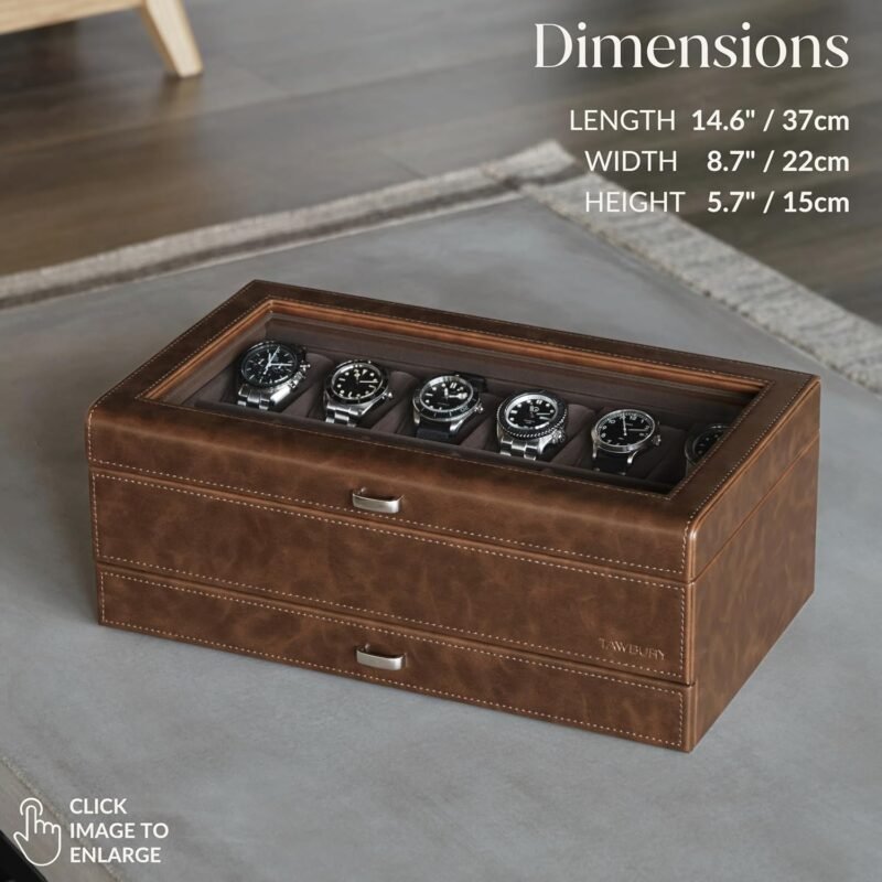 TAWBURY 12 Slot Watch Box Organizer for Men – Luxury Watch Display Case for Men | Mens Watch Case 12 Slot | Watch Storage Case - Brown - Image 3