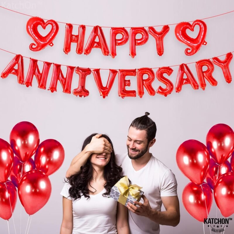 KatchOn 18 Inch Happy Anniversary Balloons Letters - Big Red Banner for Decorations | Heart Balloons for Party - Image 3
