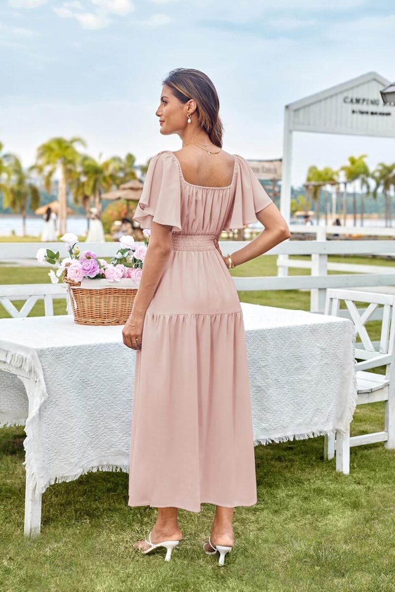 GRACE KARIN Women's Summer Short Sleeve Square Neck Smocked Waist Casual Vacation Tiered Flowy Maxi Dress - Image 6