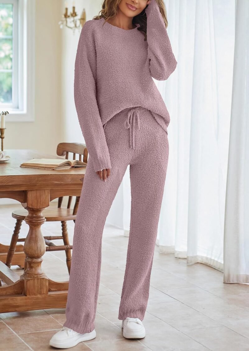 MEROKEETY Womens Fuzzy Fleece Long Sleeve 2 Piece Loungewear Outfits Sweater Pants Pajama Sets - Image 4