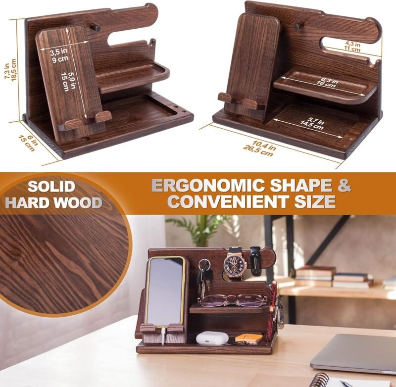 TESLYAR Wood Phone Docking Station for Men - Desk or Nightstand Organizer - Birthday Gifts for Husband, Dad - Anniversary Idea from Wife - Key Holder, Stand Wallet, Watch & Essentials (Bourbon Brown) - Image 6