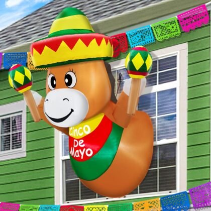 TURNMEON 4 Ft Cinco De Mayo Inflatables Outdoor Decorations Blow Up Fiesta Donkey with Sombrero Maraca Lean Out from Window Built-in LED for May 5 Mexican Fiesta Party Decorations Yard Lawn Garden