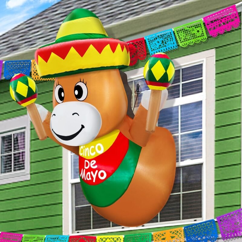 TURNMEON 4 Ft Cinco De Mayo Inflatables Outdoor Decorations Blow Up Fiesta Donkey with Sombrero Maraca Lean Out from Window Built-in LED for May 5 Mexican Fiesta Party Decorations Yard Lawn Garden