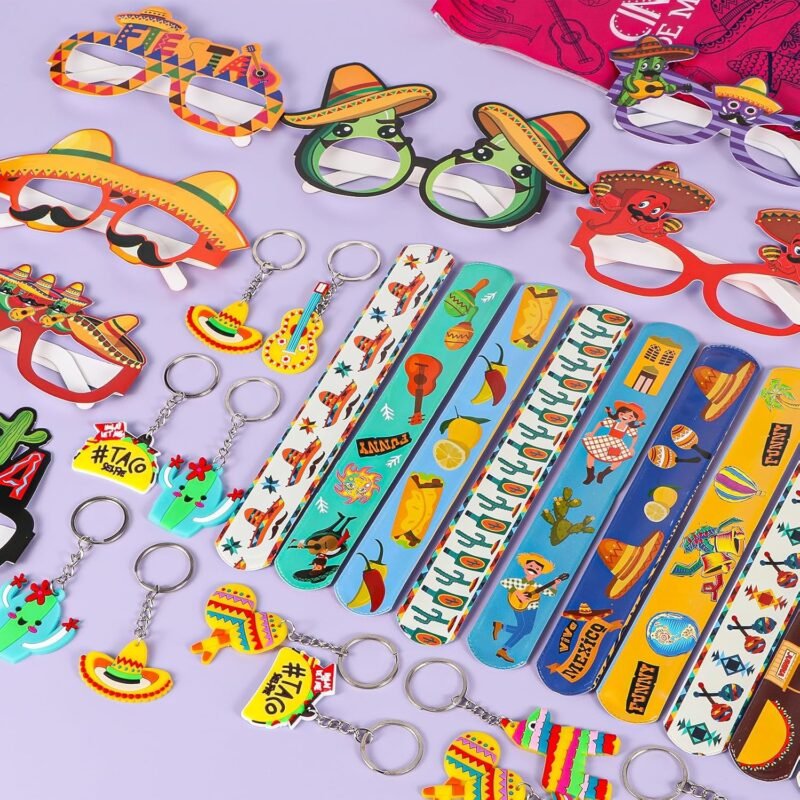 120 PCS Fiesta Party Favor, Mexican Party Gift for Kids, Cinco De Mayo Eyeglasses, Keychains, Stampers, Slap Bracelets Classroom Prize School Exchange for Cinco De Mayo Birthday Party Supplies - Image 4