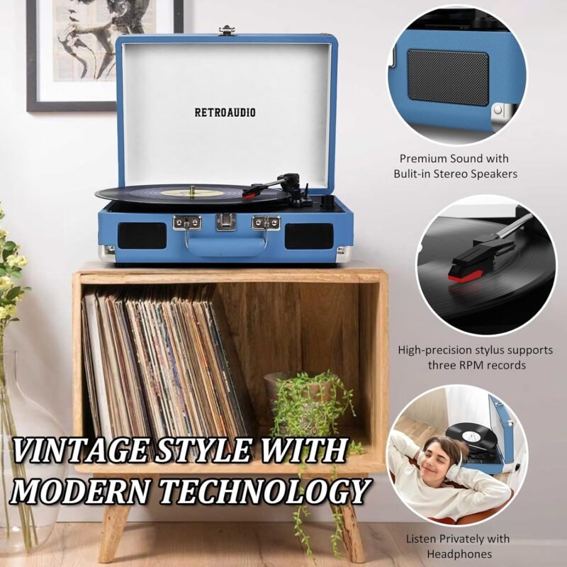 Vinyl Record Player Bluetooth Vintage Portable Suitcase Turntable with Built-in Speakers 3-Speed Belt-Driven Record Player Support RCA Output and Headphone Output - Image 6