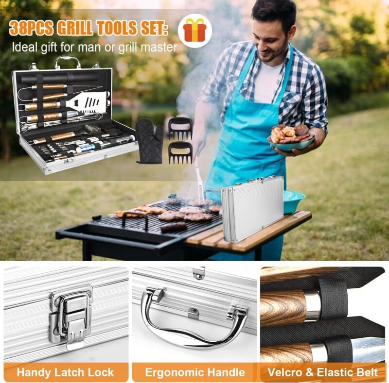 BBQ Grill Accessories Set, 38Pcs Stainless Steel Grill Tools Grilling Accessories with Aluminum Case, Thermometer, Grill Mats for Camping/Backyard Barbecue, Grill Set for Men Women - Image 6