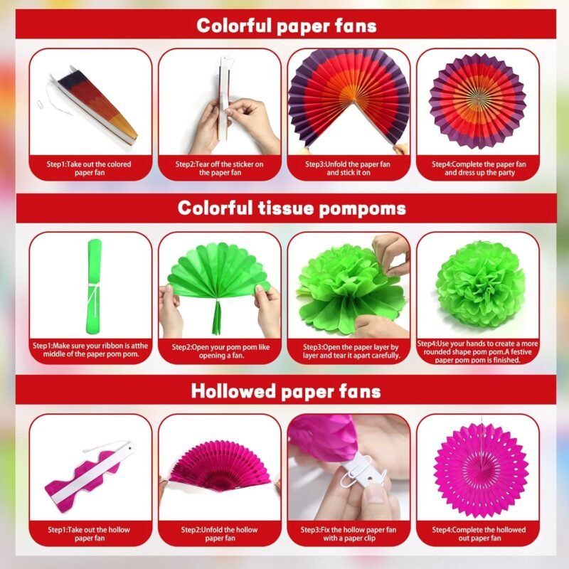 Fiesta Party Decorations Set 33Pcs, Multi-Color Cinco De Mayo Hanging Paper Fans, Paper Pom Poms, Pennant, Garland String and Banner for Fiesta, Cinco de Mayo, Birthday, Wedding or Mexican Party - Image 6