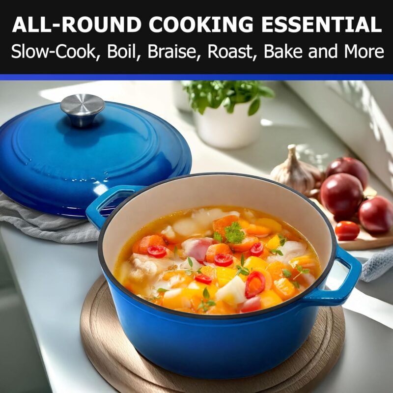 Mueller 6qt Enameled Cast Iron Dutch Oven, Heavy-Duty Casserole and Braiser Pan with Lid and Knob, Safe for All Cooktops, Aqua Blue - Image 6