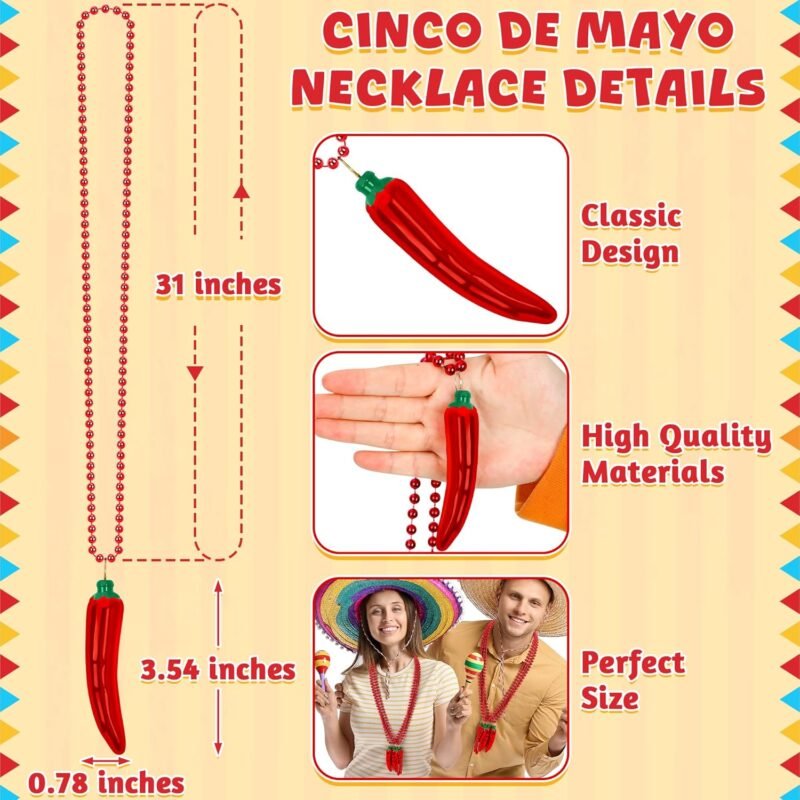 24PCS Cinco de Mayo Necklace Decorations, Fiesta Red Chili Pendant Beads Necklace Bulk, Metallic Mexican Party Decor Beads, Fiesta Cactus Pinata Maracas Accessories for Cinco de Mayo Party Favors - Image 2
