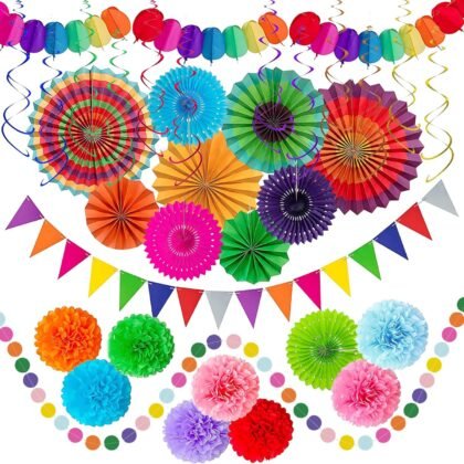 Fiesta Party Decorations Set 33Pcs, Multi-Color Cinco De Mayo Hanging Paper Fans, Paper Pom Poms, Pennant, Garland String and Banner for Fiesta, Cinco de Mayo, Birthday, Wedding or Mexican Party