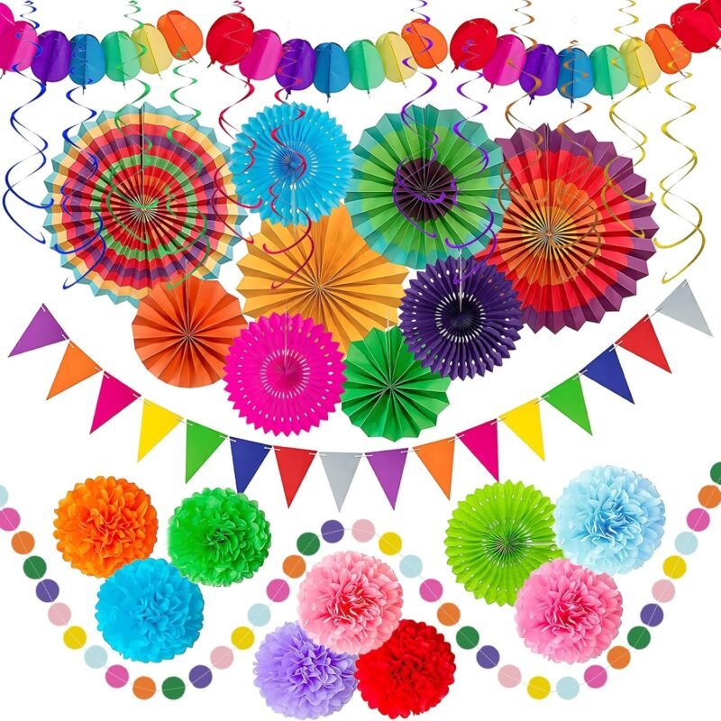 Fiesta Party Decorations Set 33Pcs, Multi-Color Cinco De Mayo Hanging Paper Fans, Paper Pom Poms, Pennant, Garland String and Banner for Fiesta, Cinco de Mayo, Birthday, Wedding or Mexican Party