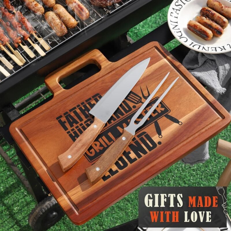 Fathers Day Grilling Gifts for Men，15.8" Acacia Wood Large Grilling Cutting Board with Carving Knife and fork Set，Grill BBQ Gifts for Men，Father's Day Dad Cooking Gift Grill Master Barbecue Presents - Image 7