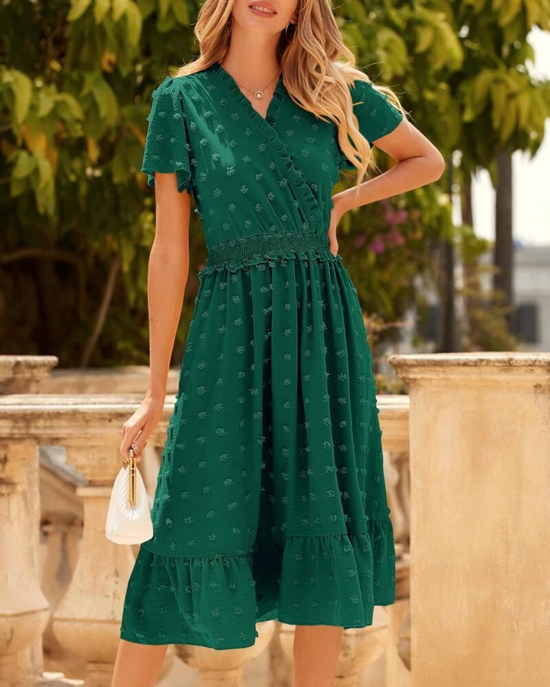 BTFBM Women Short Sleeve V Neck Swiss Dot Midi Summer Dresses 2024 Boho Ruffle Long Dresses Ruffle Wedding Guest Dress - Image 3