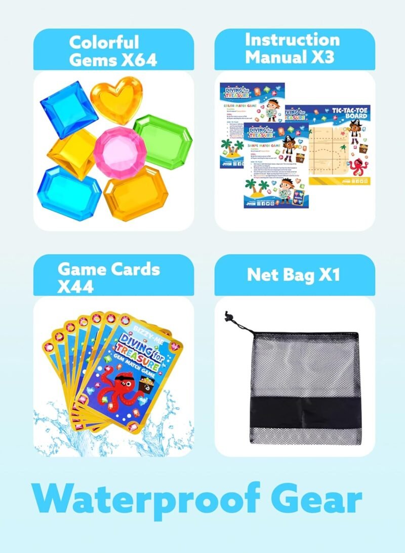 JOYIN 4-in-1 Diving Pool Toys,Underwater Seek and Find Gems Game Set Waterproof,Swiming Pool Toys for Kids with Mesh Bag, Water Gifts for Summer Swim Dive Search Treasure Match Games - Image 2