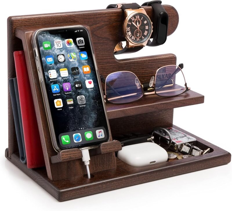 TESLYAR Wood Phone Docking Station for Men - Desktop or Nightstand Organizer - Birthday Gifts for Men, Dad - Anniversary Idea from Wife - Key Holder, Stand Wallet, Watch & Essentials (Antique Brown)