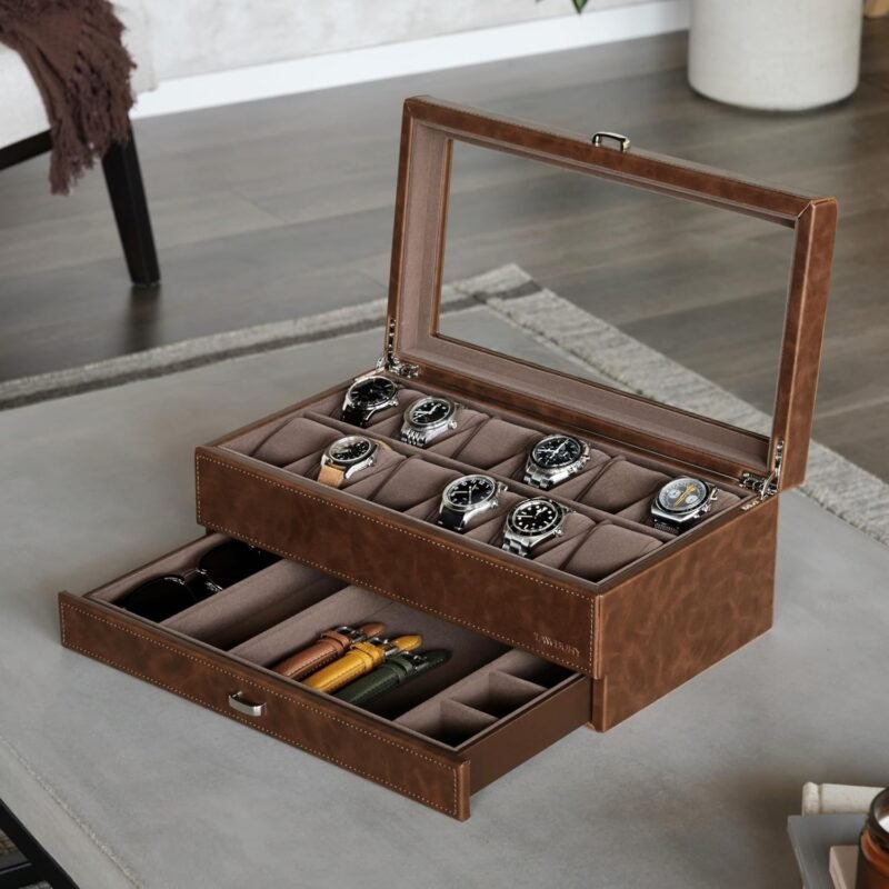 TAWBURY 12 Slot Watch Box Organizer for Men – Luxury Watch Display Case for Men | Mens Watch Case 12 Slot | Watch Storage Case - Brown - Image 9