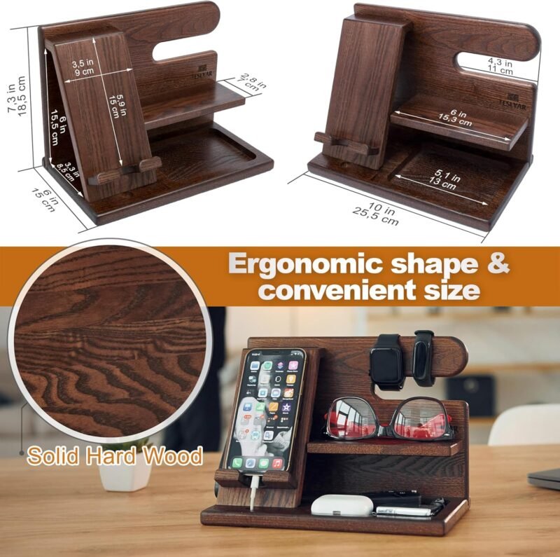 TESLYAR Wood Phone Docking Station for Men - Desktop or Nightstand Organizer - Birthday Gifts for Men, Dad - Anniversary Idea from Wife - Key Holder, Stand Wallet, Watch & Essentials (Antique Brown) - Image 7