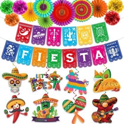 Cinco De Mayo Party Decorations, Preassembly Mexican Themed Fiesta Party Banner Decorations with Pinata Hanging Swirls, Fiesta Party Decor Supply