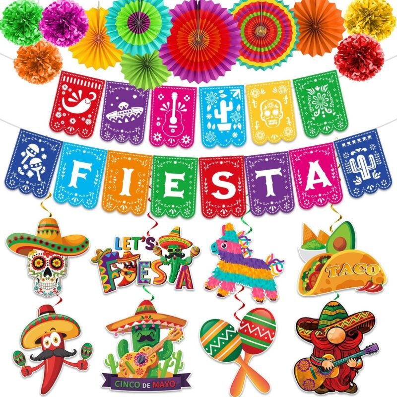 Cinco De Mayo Party Decorations, Preassembly Mexican Themed Fiesta Party Banner Decorations with Pinata Hanging Swirls, Fiesta Party Decor Supply