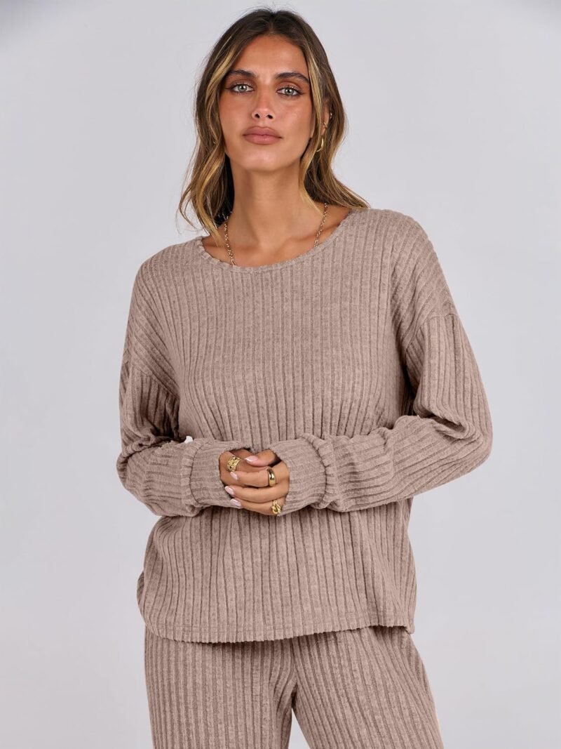 ANRABESS Women 2 Piece Lounge Pajamas Sets Casual Ribbed Knit Long Sleeve Top Pants Matching Set 2025 Fall Outfits Clothes - Image 5
