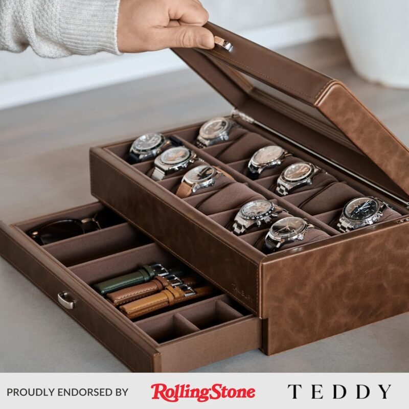 TAWBURY 12 Slot Watch Box Organizer for Men – Luxury Watch Display Case for Men | Mens Watch Case 12 Slot | Watch Storage Case - Brown - Image 2