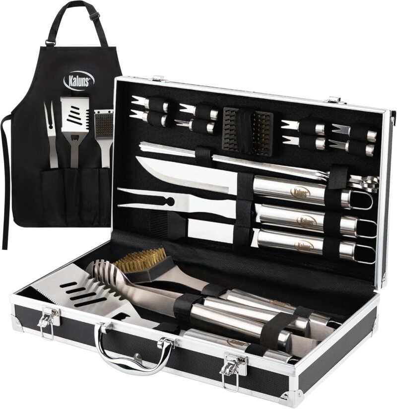Kaluns Grilling Accessories, Dad Gifts for Fathers Day Grilling Gifts, Heavy Duty Stainless Steel Grill Set BBQ Grill Accessories for Outdoor Grill with Aluminum Case and Apron, Best Gifts for Men Dad