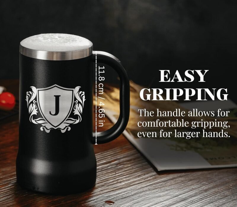 Onebttl Personalized Beer Stein, Beer Mug with Handle - Gifts for Beer Lovers, Men Who Have Everything on Birthday, Christmas - Customized Monogram 24 oz Double Wall Stainless Steel Cup, J - Image 2