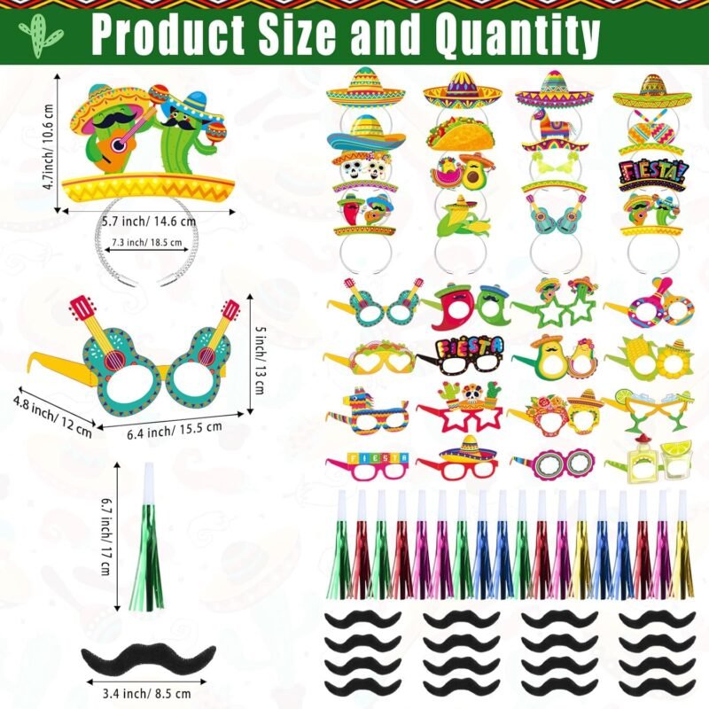 Blosssound 66 Pcs Mexican Fiesta Party Favors Cinco De Mayo Decorations Include Taco Sombrero Piñata Headbands Margarita Cactus Eyeglasses Noise Makers Black Mustaches for Mexican Party Supplies - Image 2