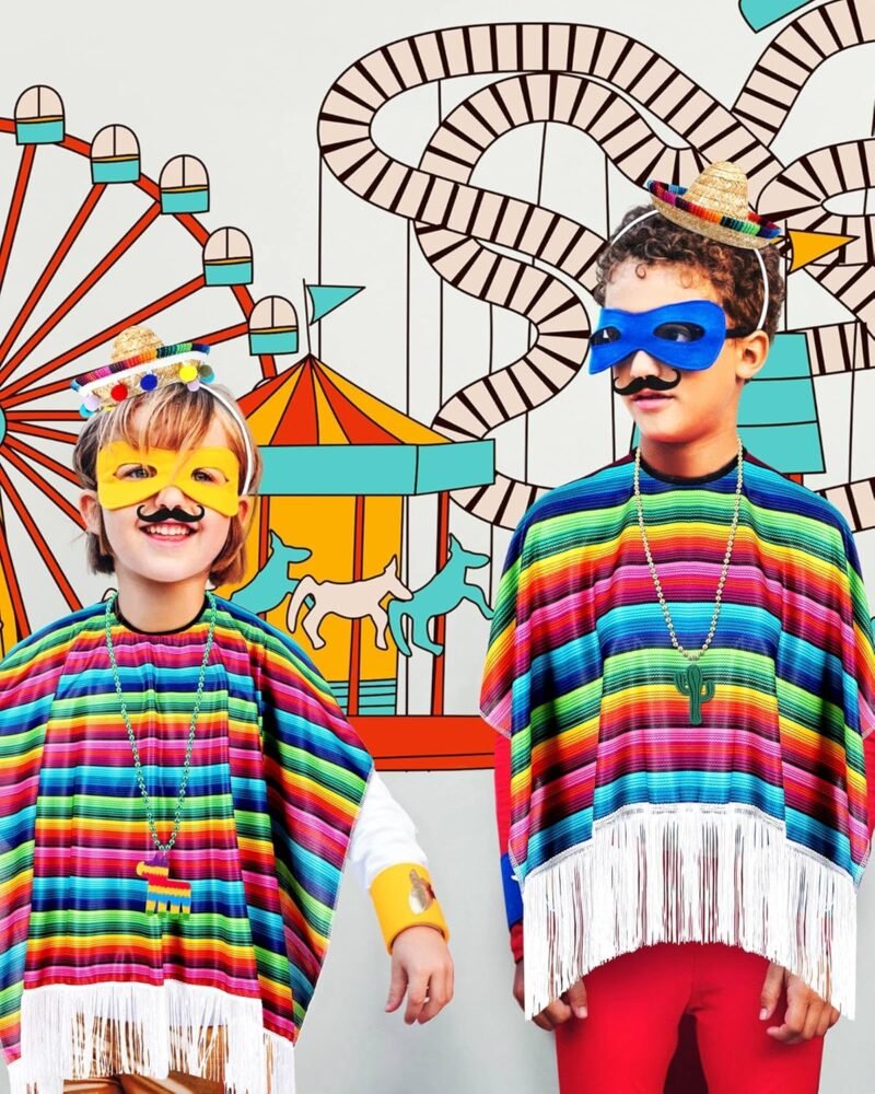 48 Pcs Mexican Costume Poncho Sombrero Serape Cinco De Mayo Fiesta Party Supplies Poncho Mustaches Necklace Set for Adults Party Favors Decorations - Image 6