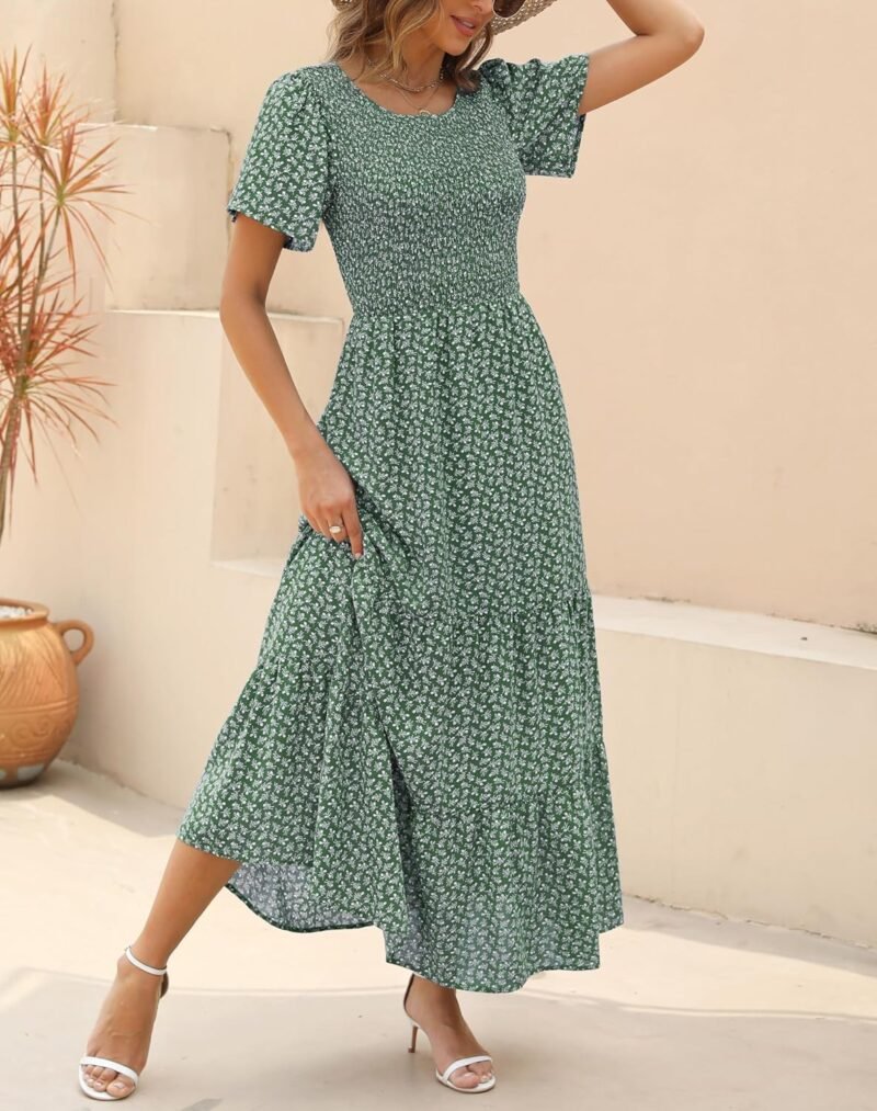 Kranda Women Summer Dress Round Neck Flutter Short Sleeve Smocked Ruffle Tiered Floral Maxi Dress 2024 - Image 4