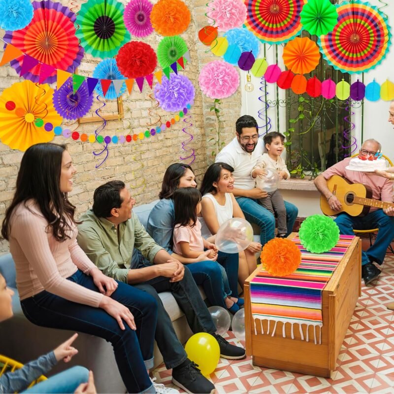 35 PCS Cinco de Mayo Decorations, Fiesta Party Decorations, Cinco de Mayo Banner Paper Fans Tissue Pompom Hanging Swirls Garland String for Fiesta Mexican Party Decorations Favors Supplies Decor - Image 5